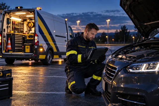 Mechanik z testerem diagnostycznym przy samochodzie — ilustracja