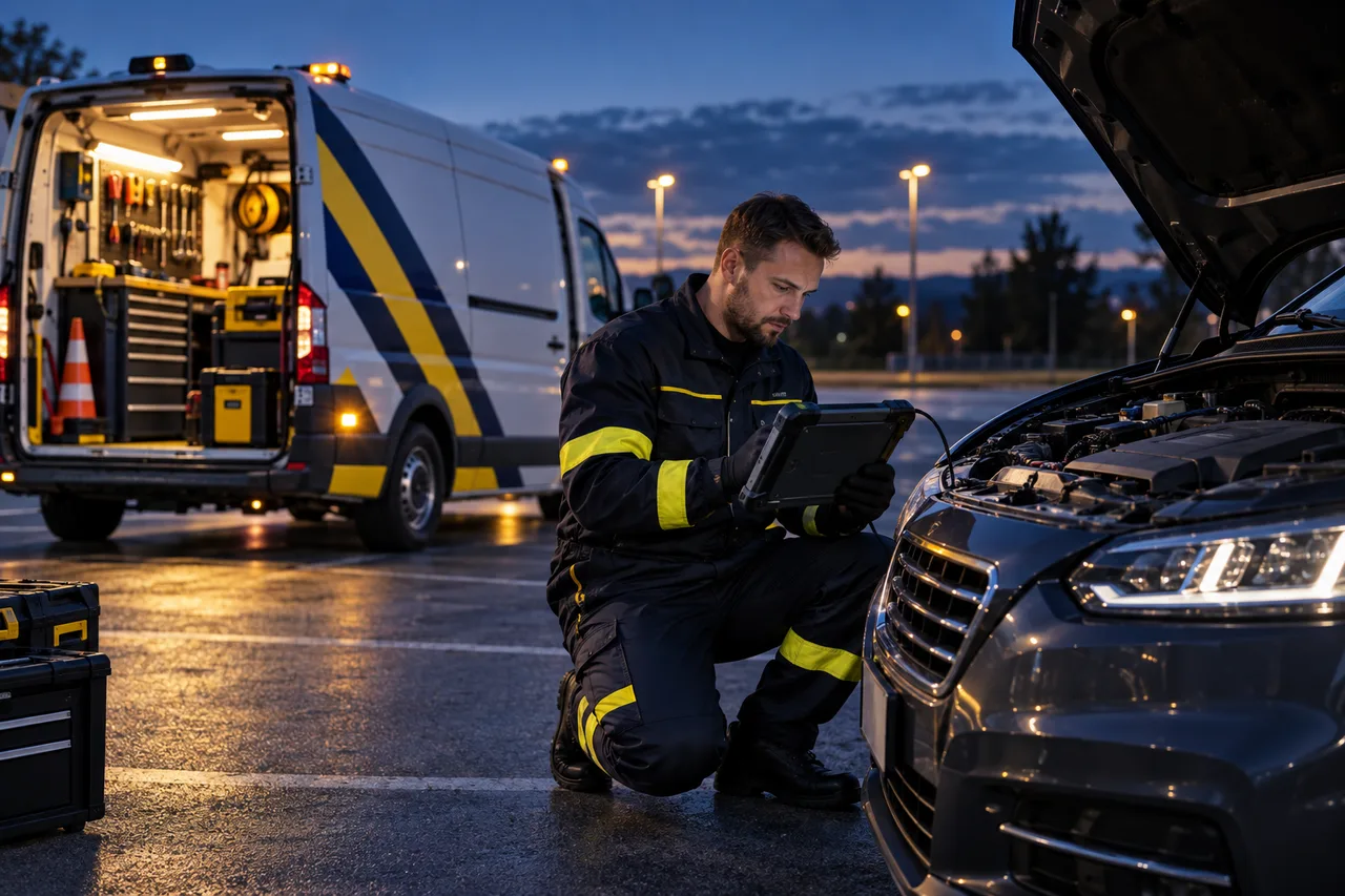 Mechanik z testerem diagnostycznym przy samochodzie — ilustracja